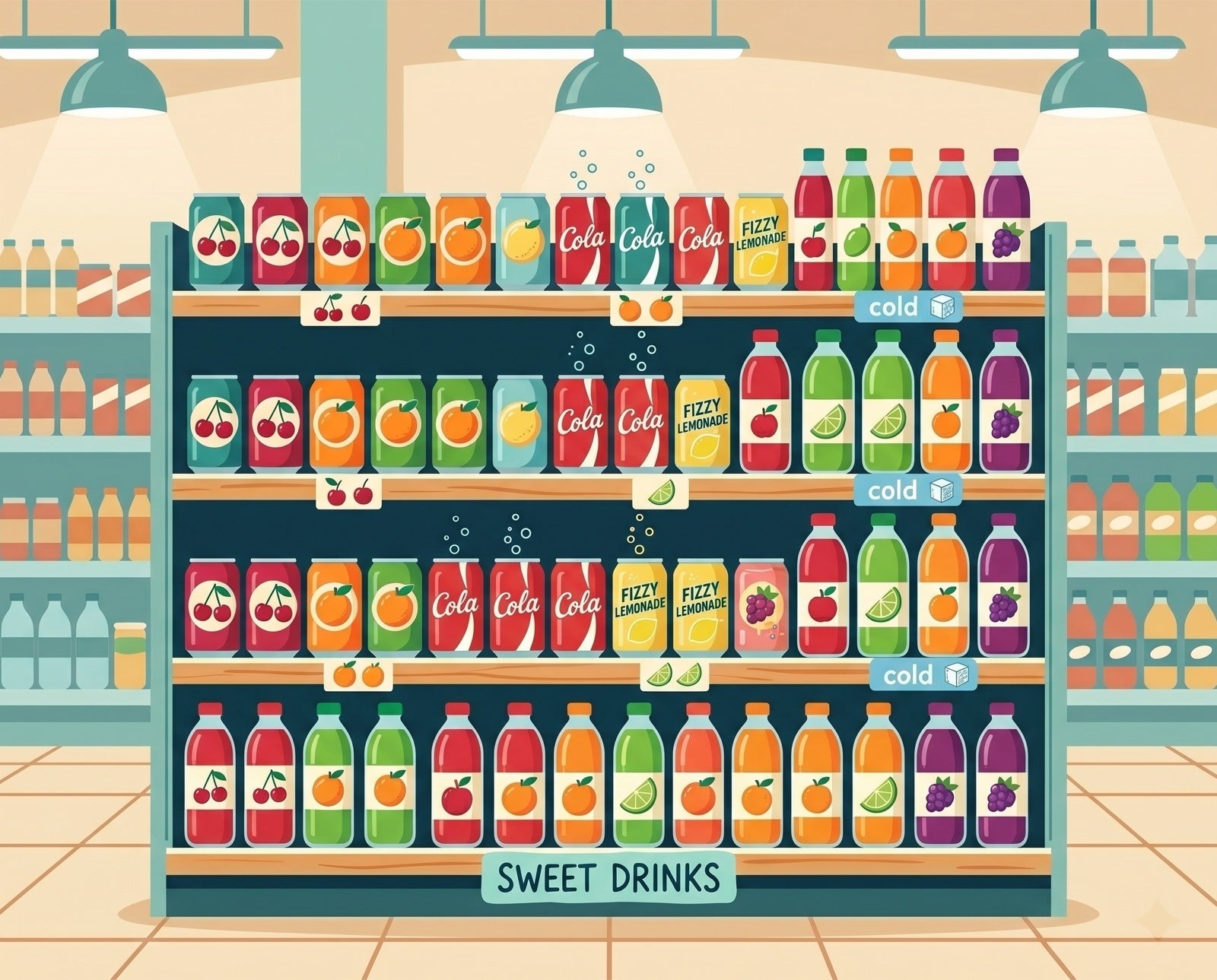A shelf full of sugary drinks